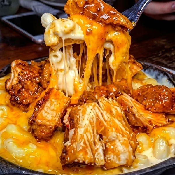 Cheesy mac and cheese with buffalo chicken in a skillet, with a fork lifting a gooey bite.