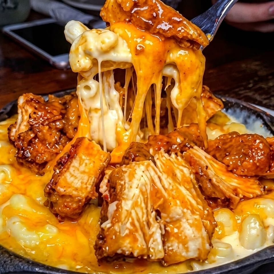 Cheesy mac and cheese with buffalo chicken in a skillet, with a fork lifting a gooey bite.