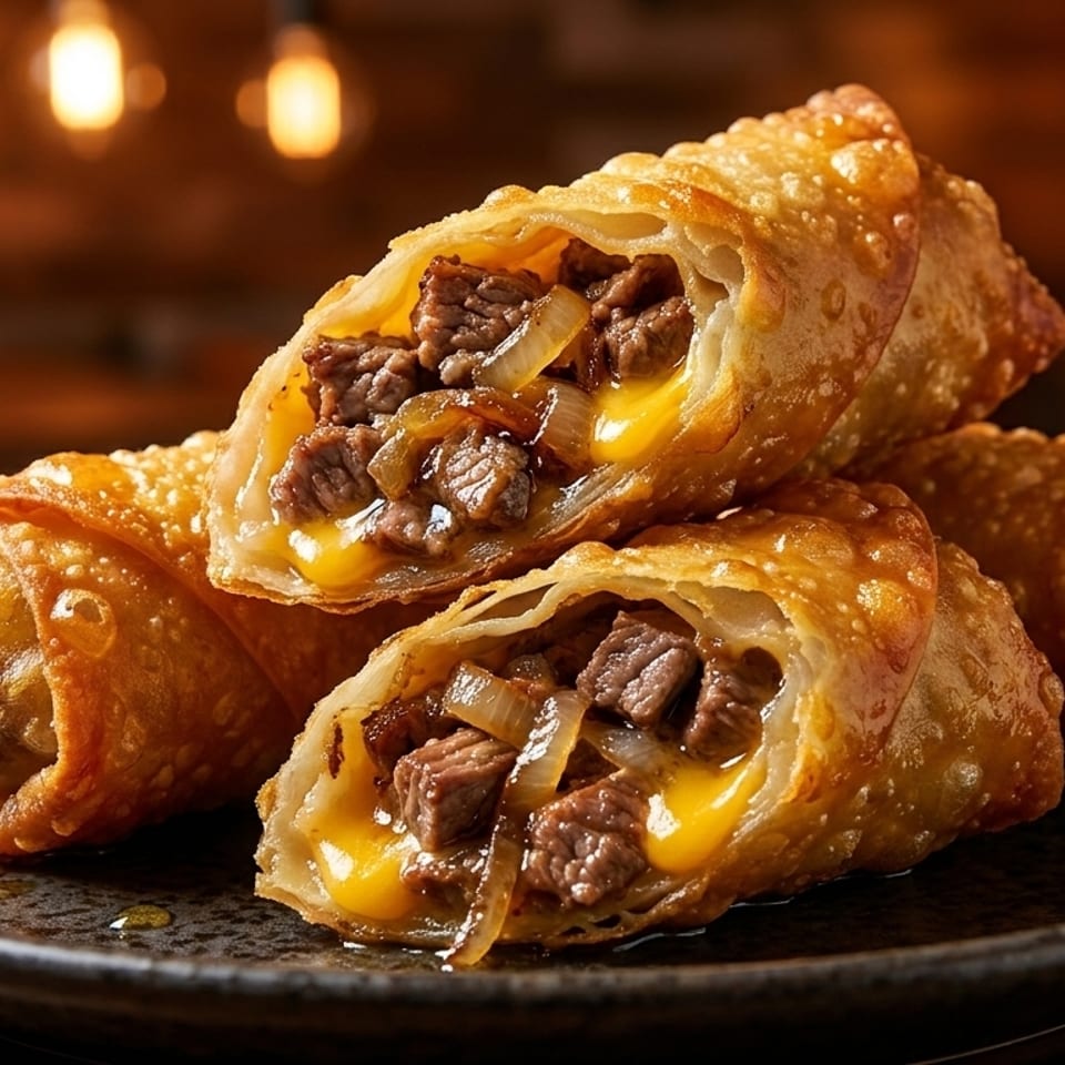 Crispy egg rolls filled with steak, caramelized onions, and melted cheese on a dark plate.