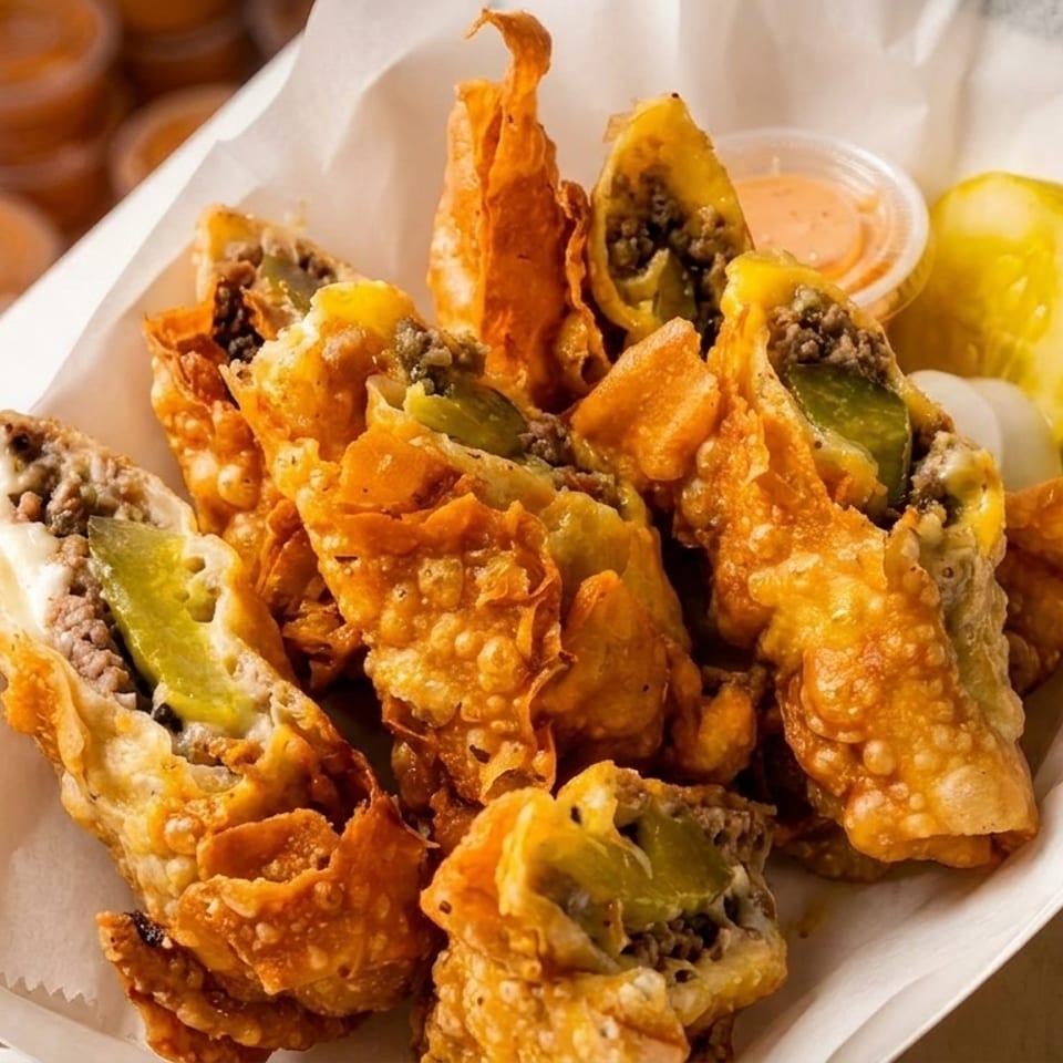 Crispy cheeseburger egg rolls with pickles, onions, and dipping sauce in a white paper tray.
