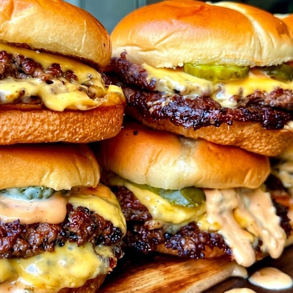 A stack of multiple cheeseburgers with melted cheese, pickles, and special sauce on a wooden board.