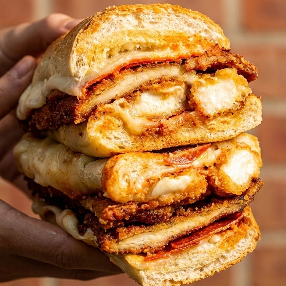 Hands holding a large, layered sandwich with fried chicken, pepperoni, and melted cheese.